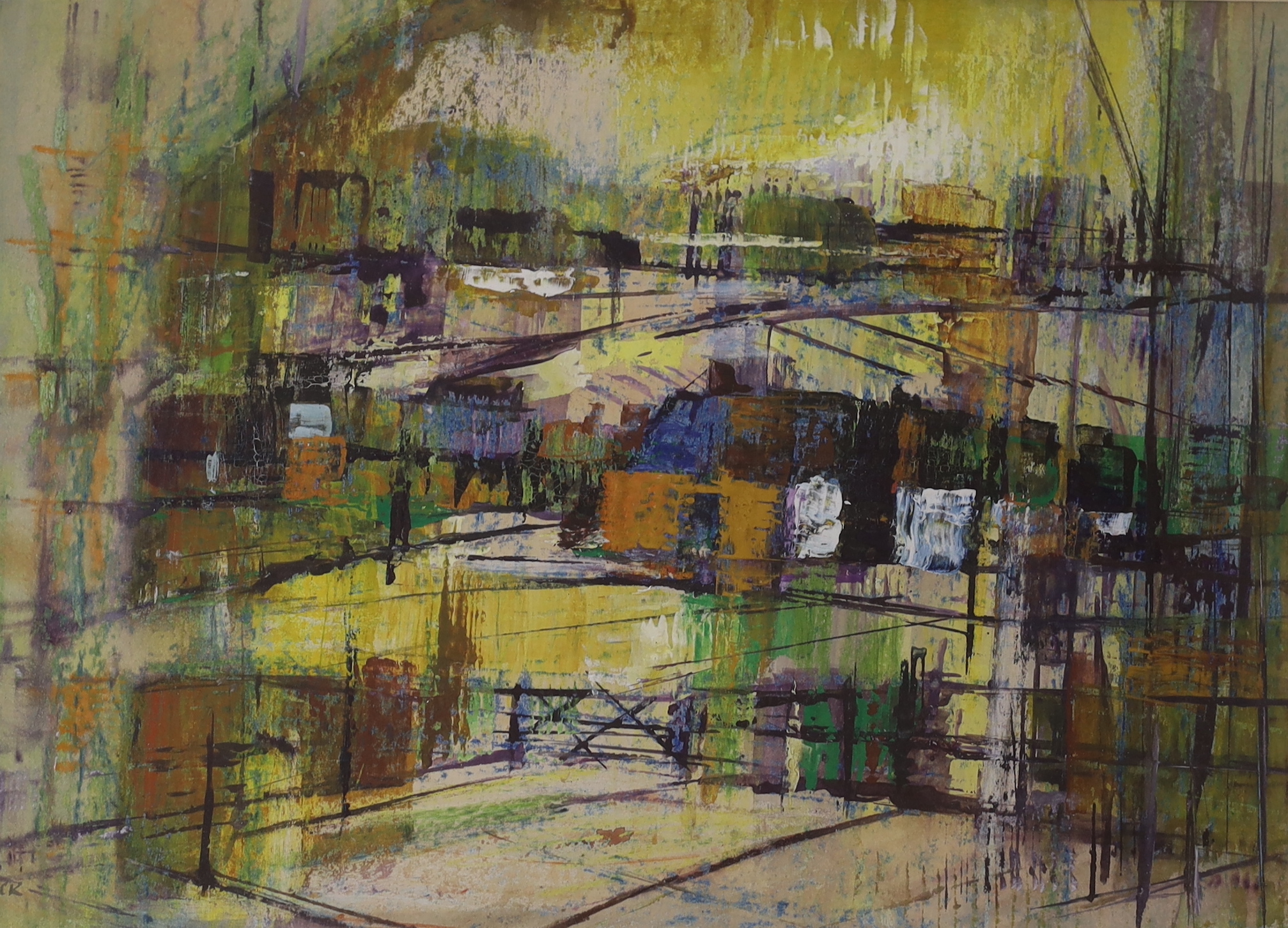 Henry Houghton Trivick (Welsh, 1908-1982), mixed media, 'Holme Farm, Oxen', signed with 1957 AEB label verso, 21 x 30cm
